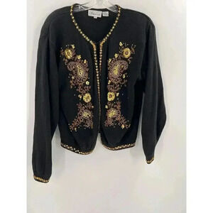 Vintage 1990s Silvercord Black Gold Beaded Cardigan Sweater Size Large Easy Wear